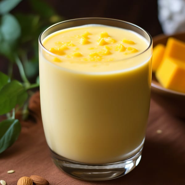 A glass of Indian mango lassi, topped with diced mango, on a brown cloth.