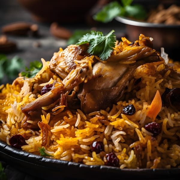 Close-up of Indian chicken biryani with rice, raisins, and fresh cilantro on a dark plate.