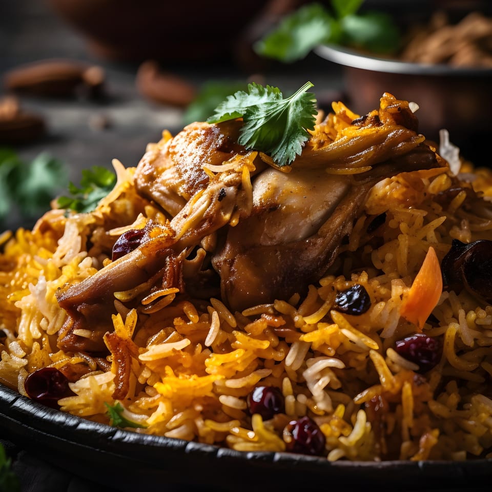 Close-up of Indian chicken biryani with rice, raisins, and fresh cilantro on a dark plate.