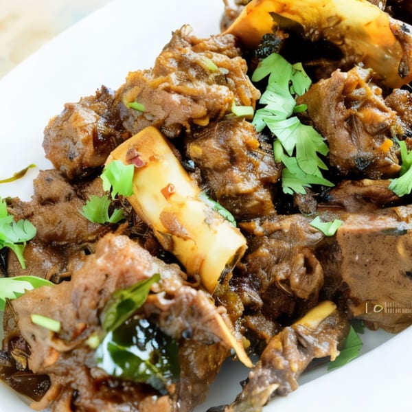 Close-up of Indian goat curry, featuring tender meat pieces, bones, and fresh cilantro on a white plate.