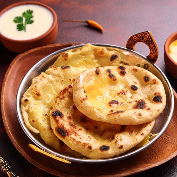 Indian naan bread, glistening with butter, in a metal bowl on a wooden tray.
