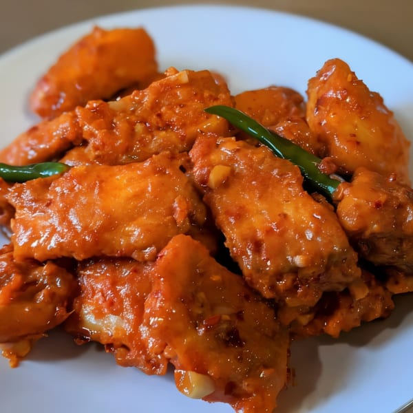 Close-up of Indian chili chicken, glistening with a vibrant orange sauce and garnished with green chilies.