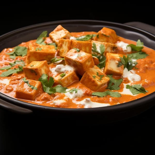Indian paneer butter masala, garnished with cream and fresh cilantro, in a black bowl.