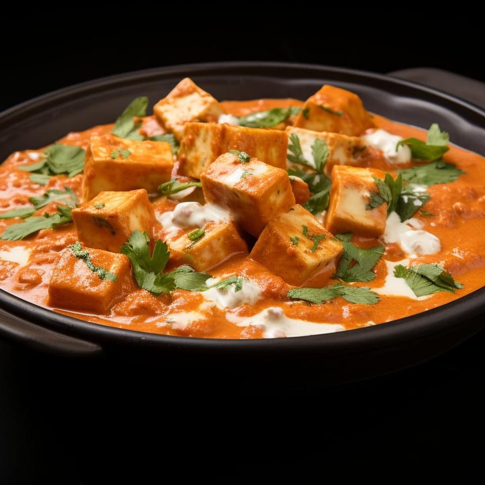 Indian paneer butter masala, garnished with cream and fresh cilantro, in a black bowl.