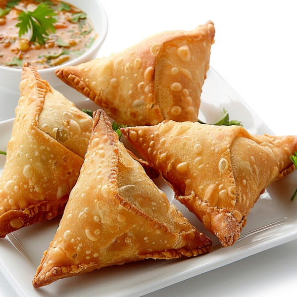 Four golden-brown Indian samosas on a white plate, with a bowl of dipping sauce in the background.